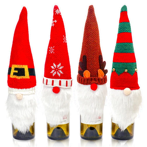 AIVEI 4 Pack Christmas Gnome Wine Bottle Covers, Handmade Tomte Swedish Gnomes Wine Bottle Toppers Decorative Santa Scandinavian, Wine Bottle Bags Wine Bottle Gift Christmas Decorations Table Decor