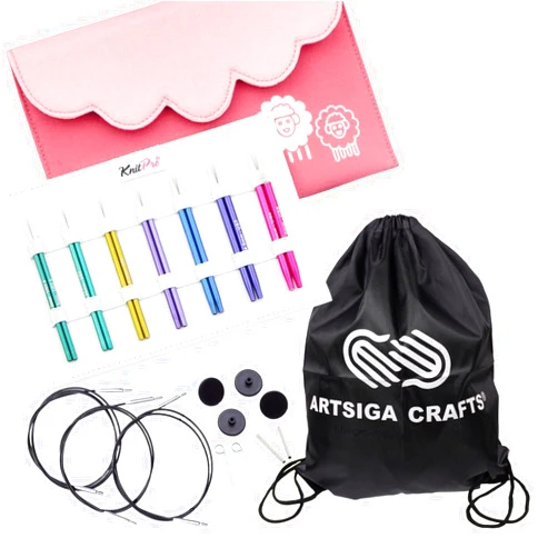 KnitPro Zing Midi Set 5 inch Circular Knitting Needles Size 2.5, 3, 4, 5, 6, 7, 8 Interchangeable, 3 Cables, 2 Connectors, 4 Caps, 2 Keys, Fabric Case Bundle with 1 Artsiga Crafts Project Bag