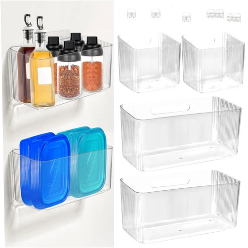 BOUTICOL 4 PCS 2 Size Plastic Adhesive Mount Over Cabinet Door Organizer, Under Sink Door Storage Shelf Refrigerator Side Storage Box, Wall Organization Container for Kitchen Bathroom Office