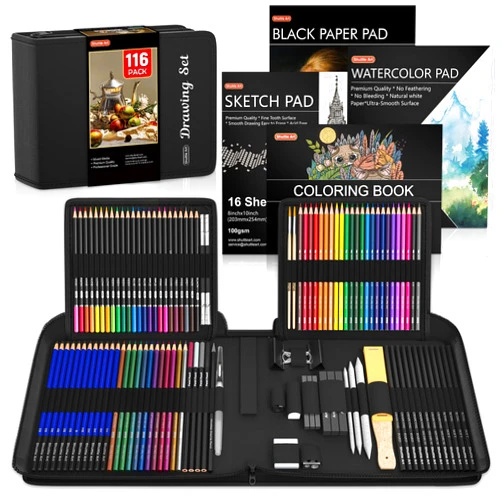 Shuttle Art 116 PCS Drawing Kit, Professional Drawing Supplies with Sketch, Charcoal, Colored, Graphite, Pastel Pencils & Sticks, Complete Drawing Tools and Paper Pads in Zipper Case for Artists&Kids