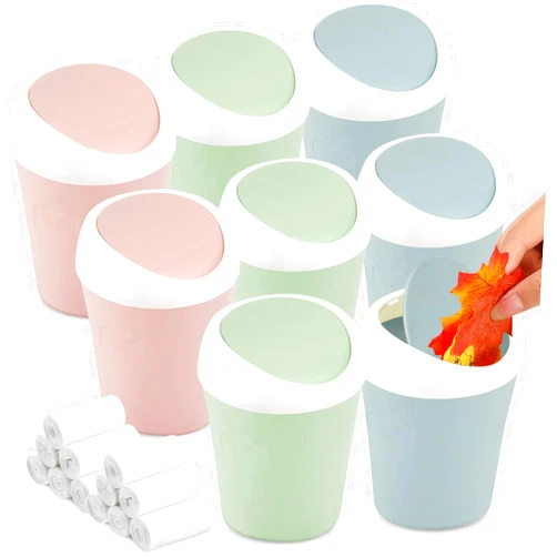 Zhehao 8 Pcs Plastic Mini Wastebasket Trash Can with Swing Lid and 360 Trash Bags Desktop Small Waste Garbage Bin Countertop Tiny Vanity Tabletop Waste Paper Basket for Home, Office, Bedroom, Kitchen