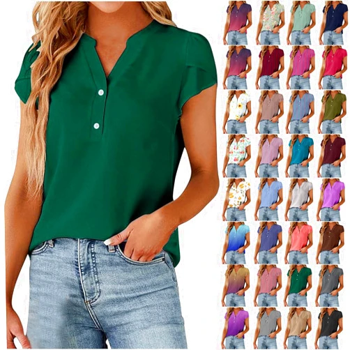 Generic Summer Shirts for Women Petal Sleeve Dressy Tops V Neck Dressy Blouses Henley Tshirts Cute Casual Tees Comfy Tunics