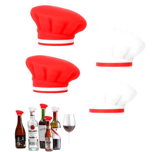 Beleda Food-Grade Reusable Silicone Wine Stopper,4PCS Chef Hat Shaped Champagne Beverage Stoppers, Cute Wine Accessories Kitchen Gadgets, Best Replacement for Cork Wine Bottle Stoppers (Red+White, 4)