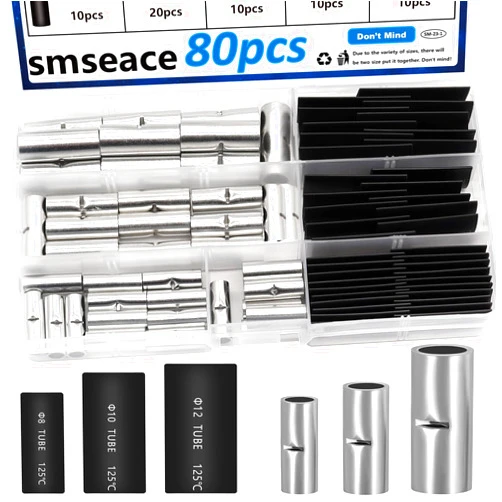 smseace 80pcs 4/6/8AWG Non Insulated Butt Connectors Kit with Heat shrinkable Tube for Wiring AWG4/6/8 Pure Copper Butt Splice Connectors for Automotive, Marine and Industrial Applications