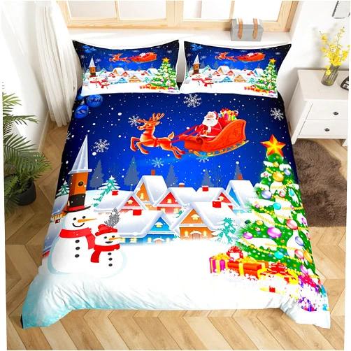 Manfei Christmas Duvet Cover Set Queen Size, Snowman Xmas Tree Print Comforter Cover Santa Claus with Reindeer Bedding Set 3pcs for Kids Girls New Year Theme Bedspread Cover,2 Pillowcases,No Comforter
