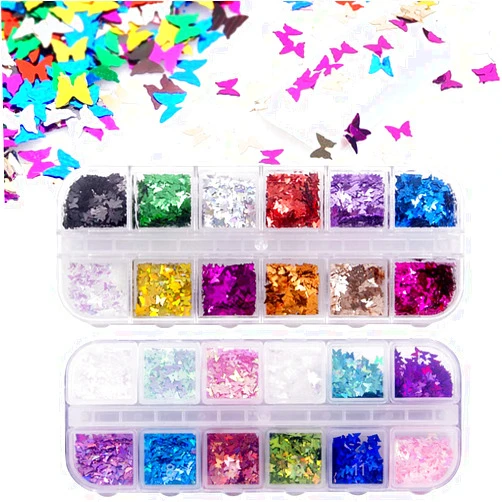 Kalolary 24 Color/Set 3D Butterfly Nail Glitter Sequins, Kalolary Laser Butterfly Nail Sequin Flake Acrylic Manicure Paillettes Face Body Lip Glitters for Nail Art Decoration Resin Mold DIY Makeup