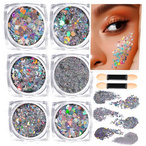 Teenitor Face Glitter, Sliver Body Glitter, Holographic Face and Body Glitter Gel for Women, Rave Glitter for Face, Hair, Eye and Body