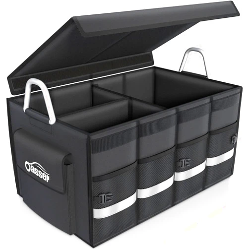 Oasser Trunk Organizer Cargo Organizer Trunk Storage Waterproof Collapsible Durable Multi Compartments with Foldable Cover Aluminium Alloy Handle Reflective Strip (Large, Black)