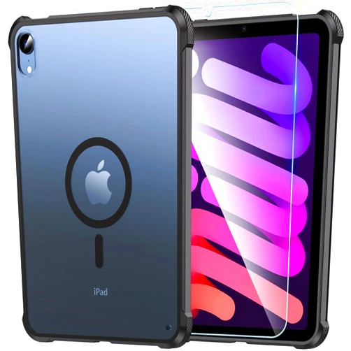 OWKEY Magnetic Case for iPad mini 7 A17 Pro 2024/ iPad mini 6 2021 8.3'', iPad mini 7th/6th Gen Case for Magsafe with Tempered Glass,[Shockproof Military] Translucent Back Slim Bumper Cover, Black