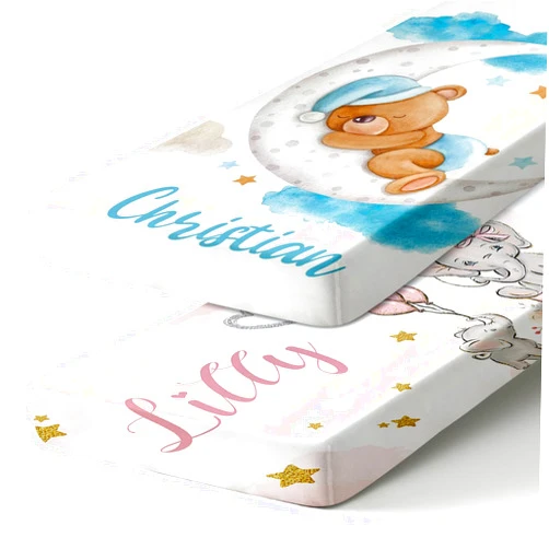 Dyoart Custom Name Crib Baby Sheets - 2Piece Personalized Baby Bedding for Boys Girls - Portable Soft Cotton Changing Fitted Sheets, Gifts for Newborn 0-6 Years Baby Infant, Sleepping Bear