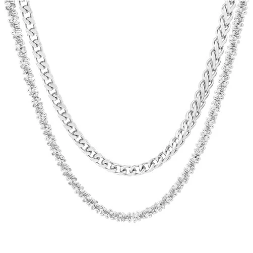 STEELTIME NYC Steeltime Stainless Steel Franco Chain Link + Singapore and Cuban + Rope Double Chain Layered Necklace Stack