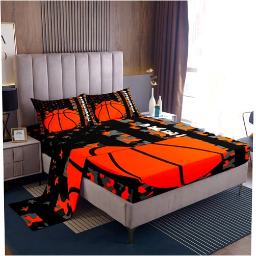 Feelyou American Flag Basketball Bed Sheets Gaming Sports Camo Bedding Sheet Ball Games Bedding Set for Boys Girls Children Teens Bedroom Decor Orange Bed Sheet Set Twin Size with 1 Pillow Case