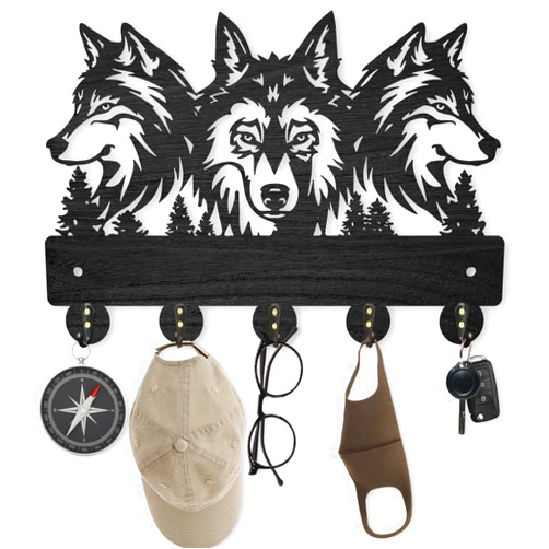 MAYJOYDIY Wood Wolf Wall Mount Coat Rack 11.8×8inch Wolf Forest Key Holder for Wall Coat Rack Wolf Key Hook 5 Alloy Hooks Animal Theme Wall Art Hook Gift for Hallway Office Living Room
