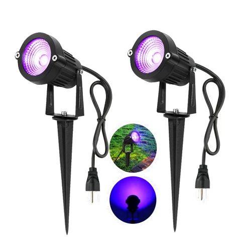 Uiexer 2 Pack HalloweenWaterproof UV LED Blacklight Landscape Lights, Outdoor Plug in Black Light Spotlight for Pathway Light Plug Spike Stand Garden, Yard, Lawn, Halloween, Party Decorative Lighting