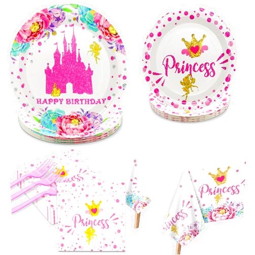 PTECDROTS Princess Party Decorations - 81pcs Castle Decorations Including Pink Paper Plates, Napkins, and Tablecloth for Belle Birthday Party Decorations Party Supplies, Serve 20