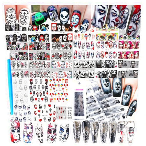 UARUOGP 25 Sheets Halloween Water Transfer Nail Stickers Nail Art Decals,10 Sheets Punk Skull Nails Foil Transfer Stickers,Grimace Skull Eye Spider DIY Decals for Halloween Party(35 Pcs)
