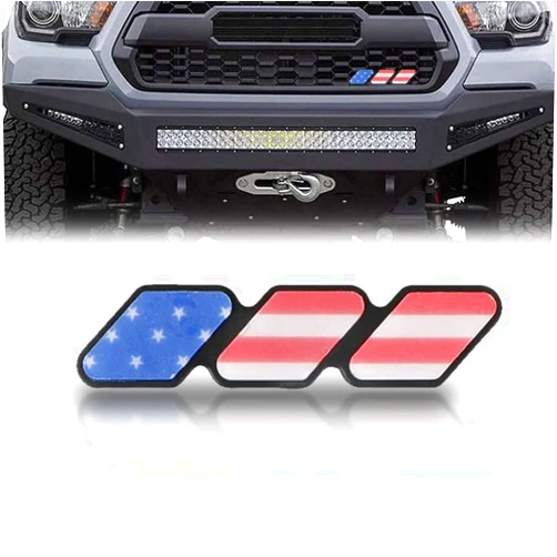 Yonput 1 Pack Car Grille Diamond-Shaped Tri Color Mark, 4.7In x 1In Tri Color Grill Badge Decorative Logo, ABS Thickened Firm Center Mesh Logo, Auto Universal Accessories (American Flag, Red)