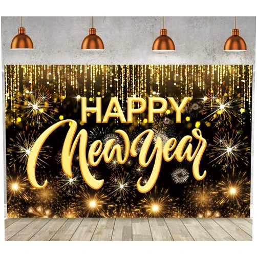 FECEDY Happy New Year Hanging Extra Large Fabric Sign Poster Background Banner with Firework Pattern for New Year Party Decorations