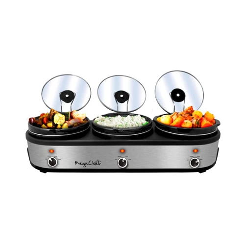 MegaChef Warmer Elite 2.5 Quart Slow Cooker and Buffet Server in Brushed Silver and Black Finish with 3 Ceramic Cooking Pots and Removable Lid Rests