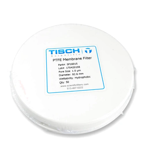 Tisch Scientific Tisch Brand SF16015 PTFE Polytetrafluoroethylene Membrane Filter, 1.0um, 82.6mm, 1/pk/50 per Pack | Wettability: Hydrophobic | Maximum Operating Temperature: 130 Degrees C |