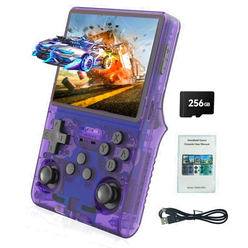 GWALSNTH R40S Pro Handheld Game Console, 30000 HD Games Mini Retro Video Console, 3.5-Inch IPS Screen,256GB Memory,Built in 45 Emulators,3800mAh Battery (Transparent Purple 256GB)