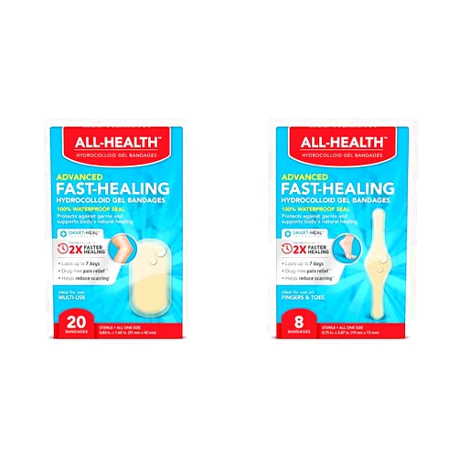 All Health Advanced Fast Healing Hydrocolloid Gel Bandages, Regular 20 ct | 2X Faster Healing & Advanced Fast Healing Hydrocolloid Gel Bandages, Fingers & Toes, 8 ct | 2X Faster Healing