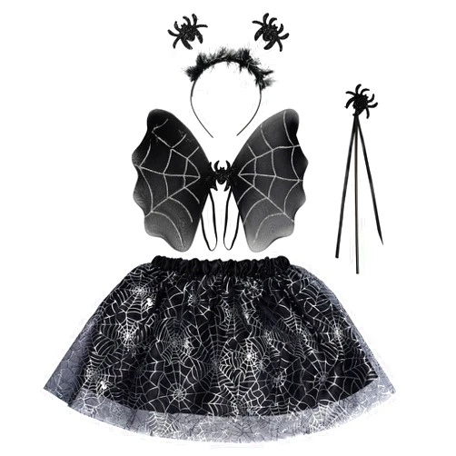 Yolyoo Halloween Spider Wings & Skirt Set with Headband & Magic Wand - Black & Silver Spider Webs Costume Tutu Skirt for Dress Up & Cosplay