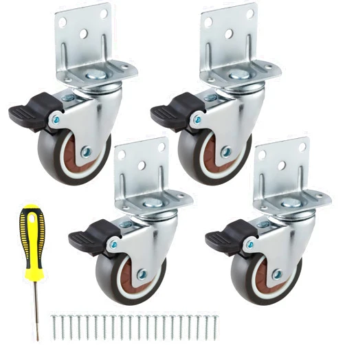 GcFoir 1.5 Inches Side Mount Caster Wheels Set of 4 L-Shaped Rubber Small Locking Swivel Caster Heavy-Duty Double Plate Castor with Brake Industrial Metal Wheel for Workbench, Furniture, Cabinet, Woodbox