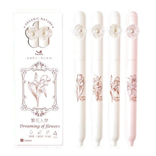 Jisomin Creative cute Pens, flowers pens, Gel Ink Pens, Quick Dry Black Ink, 0.5mm Fine Point, Aesthetic pens for Journaling Note Taking, Cute Office School Supplies,Pack of 4pcs(Style1)