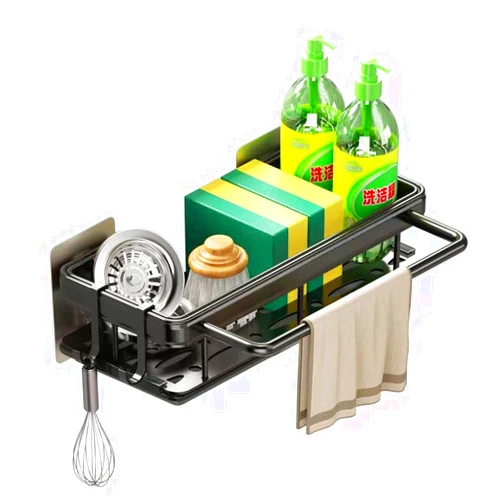 PIZEKA Non-Perforated Space Aluminum Kitchen Sink rag Storage Rack Wall Mounted Spice Rack Drainage Rack Storage Shelf Black