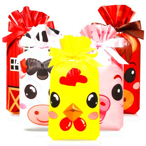 Bulyoou 50 Pcs Farm Party Bags Bulk Plastic Farm Animals Drawstring Bags Barnyard Birthday Gift Bags Farm Barn Goodie Bag for Kids Adults Farm Themed Birthday Baby Shower Party Favors Decor(Farm)