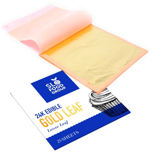 Slofoodgroup - 24 Karat Edible Gold Leaf Loose Sheets - 25 Sheets Gold Leaf Per Book - Gold Leaf Sheet Size 3.15in x 3.15in Loose Leaf Sheets - Edible Decoration, Crafting, Art and More
