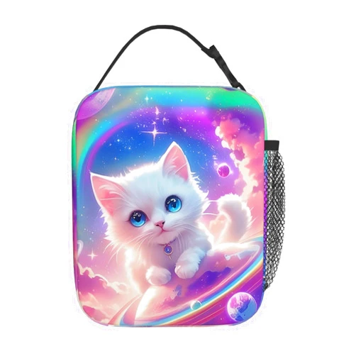 YDTBRUF Cat Lunch Box Bag Starry Sky Cats Lunch Bag White Kitty Colorful Planet Lunch Boxes Bags With Handle For Girls Boy Kids Women Men School Work Picnic Travel Hiking Beach Fishing Camping