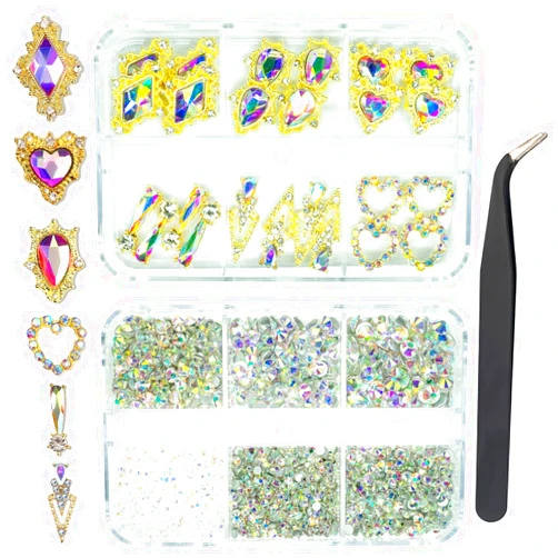 Qiipii 24pcs Crystal AB Luxury Nail Charms +2000pcs Crystal White AB Rhinestones 3D Big Nail Gems K9 Glass Nail Crystals Diamonds Jewels Stones Alloy Nail Art Studs Decor Supplies for Nails Crafts DIY