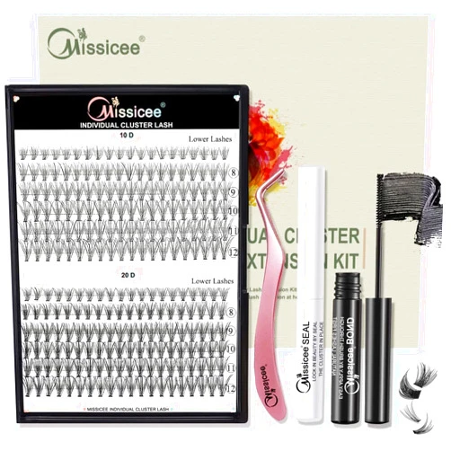 Missicee DIY Lash Extension Kit, Missicee Individual Lashes Kit with 240 Pcs Lash Clusters 5ml Cluster Lash Bond and Seal 1 Eyelash Applicator for Beginner DIY at Home Easy to Apply (10D+20D-C Curl-8-12 mix)