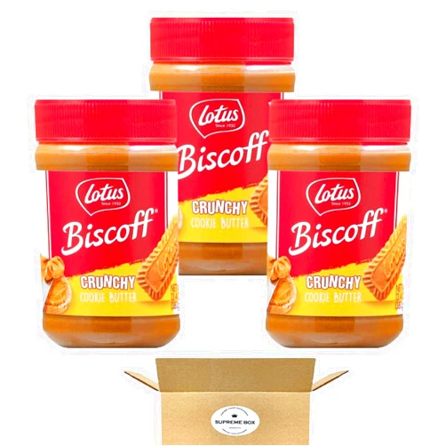 SUPREME BOX Lotus Biscoff Cookie Butter Spread, Crunchy, non GMO + Vegan, 13.4 oz - Pack of 3 (40.2 oz in total)