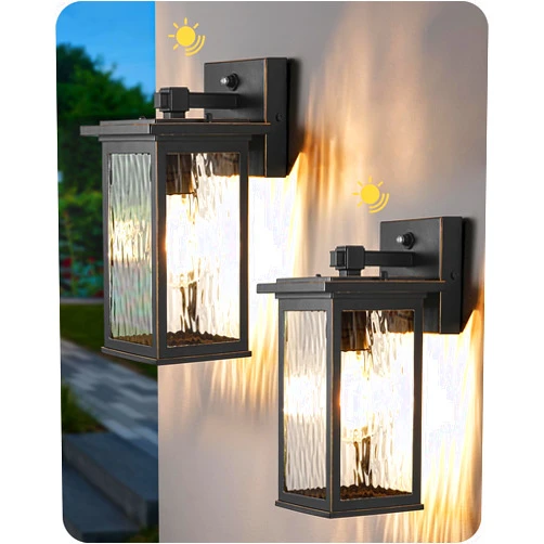 EDISHINE 2 Pack Outdoor Wall Light, Dusk to Dawn Exterior Light Fixture, Modern Porch Light Wall Mount Sconce, Clear Water Ripple Glass, Black Metal Outside Wall Lantern for Front Door Garage Patio