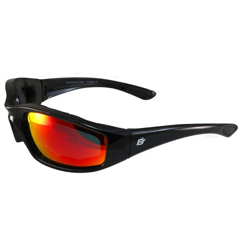 Birdz Eyewear Oriole Padded Motorcycle Riding Sunglasses Gloss Black Frame with Red G-Tech Reflective Lenses