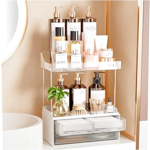 Delamu 2-Tier 2-Drawer Bathroom Organizer Countertop, Multi-Purpose Makeup Organizer Countertop, Large Skincare Organizers, Exquisite Vanity Organizer, Clear