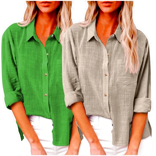 Generic 2 Pack Womens Cotton Linen Shirt Fall Casual Long Sleeve Solid Color Button Shirts Plus Size Work Tops with Pockets