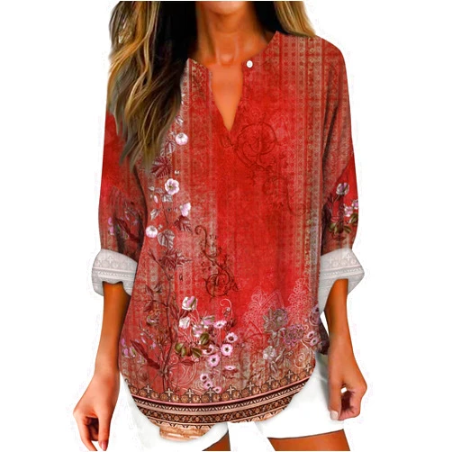 Generic Linen Shirts for Women Long Sleeve Notch V Neck Tops Loose Plus Size Tops 2024 Casual Blouses Summer Cotton Tops