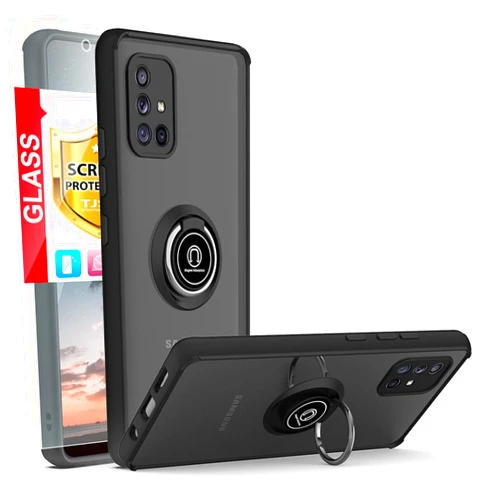 TJS Compatible with Samsung Galaxy A71 5G Case, with Tempered Glass Screen Protector, Metal Ring Magnetic Support Kickstand Heavy Duty Drop Protector Phone Case (Black)