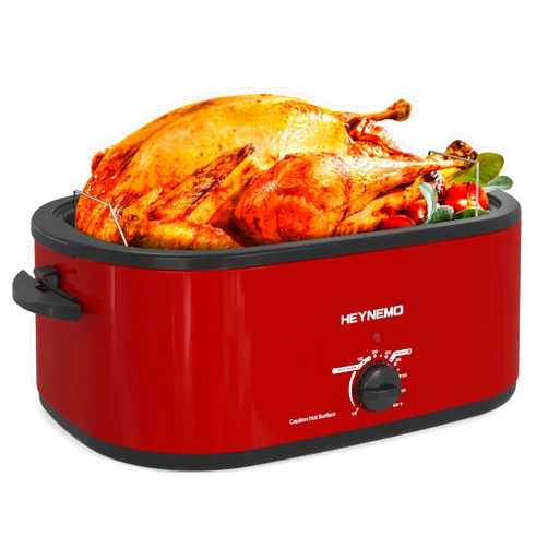 Kiss the Water 26 Quart Electric Roaster Oven with Visible & Self-Basting Lid, Large Turkey Roaster with Defrost Warm Function, Adjustable Temperature, Removable Pan Rack, Stainless Steel, Red