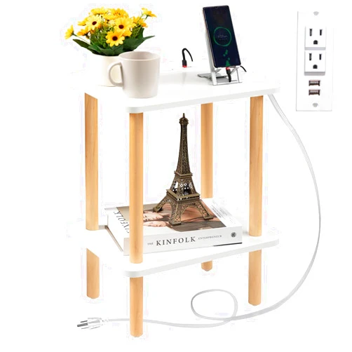 FORAOFUR End Table with Charging Station, End Tables with USB Ports and Outlets, Small Side Table for Living Room, Bedroom & Office, Two-Tier Narrow Side Table, Easy Assembly
