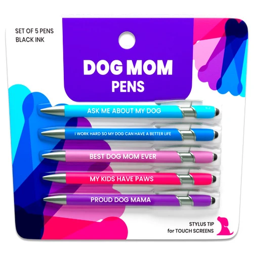 rubyloo Funny Dog Mom Gift Pen Set – 5 Black Ink Ballpoint Pens with Stylus Tips & Quality Metal Barrels with Hilarious Doggy Quotes – Cute Dog Mom Gift for Women for Christmas, Stockings, Birthdays