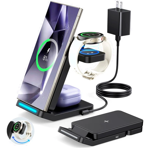 Houflody Foldable Wireless Charger for Samsung, 3 in 1 Fast Wireless Charging Station Stand for Samsung Galaxy S24 S23 Ultra/S22/S21/S20/Note 20/Z Flip 5/Fold 5/4,Galaxy Watch 6/5/5 Pro/4/3, Galaxy Buds 2/Pro