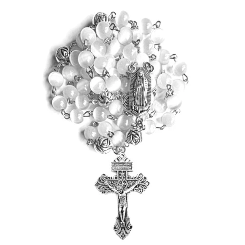 LinZengYo rosary beads catholic for women and men, 8mm White Cat's Eye rosary beads with Ornate Silver Crucifix and Virgin Mary Medal
