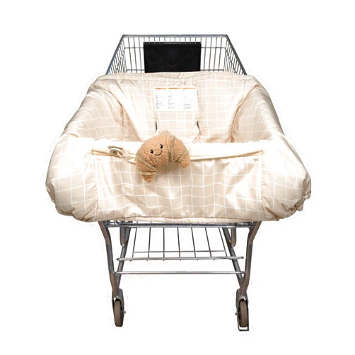 Boppy Shopping Cart Cover, Almond Croissant, Cart Cover for Babies with Soft 360-Degree Coverage, Safety Harness, and SlideLine Toy Tether with Plush Croissant Included, 6mo+