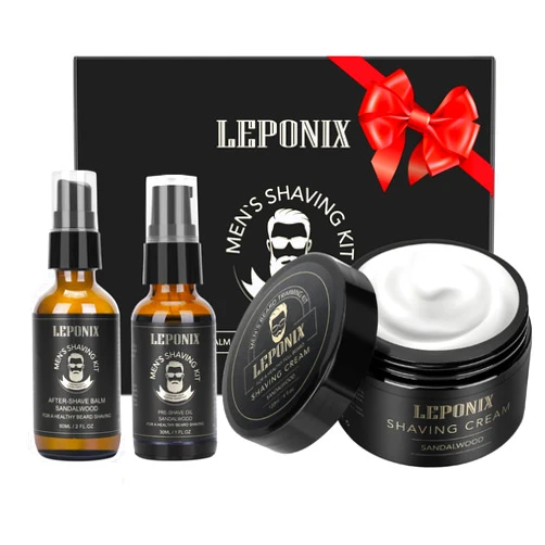 LEPONIX Shaving Kit for Men, Essential Kit Includes Sandalwood Shaving Cream, After Shave Lotion for Men and Pre Shave Oil Fights Nicks, Cuts and Razor Burn Shaving Gift Set for Him Men Dad Stocking Stuffers