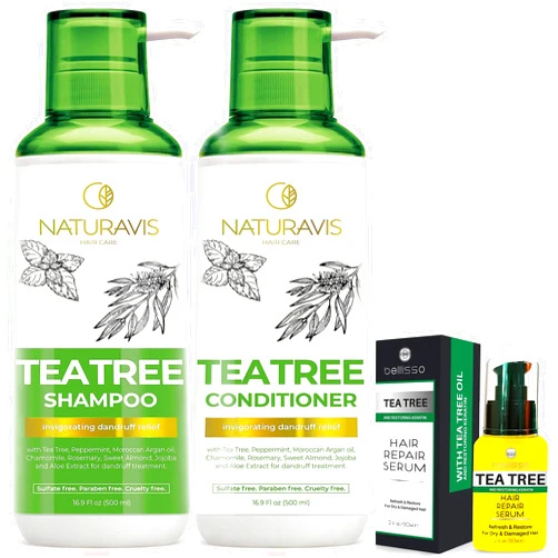 NATURAVIS Tea Tree Oil and Mint Shampoo and Conditioner Set and Tea Tree Oil Hair Serum